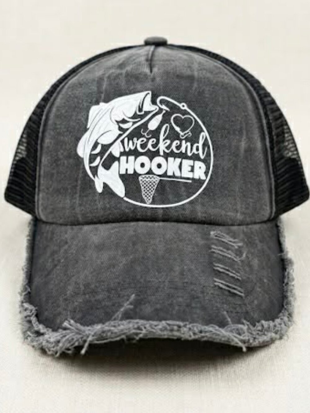Women’s Distressed "Weekend Hooker" Fishing Baseball Cap (Handmade)